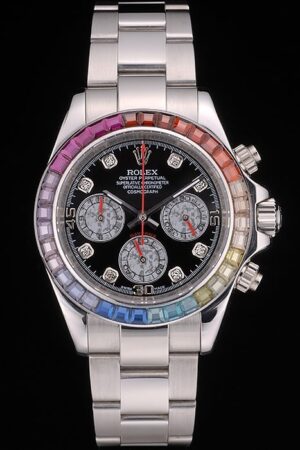 Rolex Daytona Cosmograph Rainbow Crystals Bezel Stainless Steep Strap Black Dial 80250