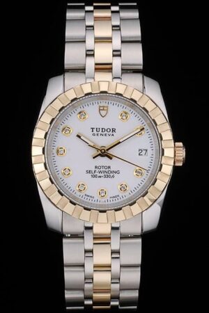 Swiss Tudor Classic Rose Gold Ribber Crystal Encrusted Bezel White Dial 80301