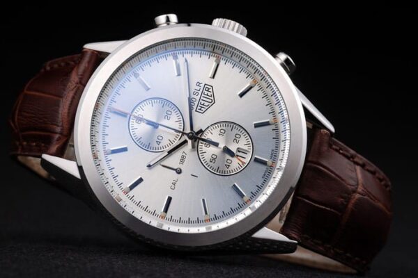 Tag Heuer SLR Brushed Stainless Steel Case Silver Dial Brown Leather Strap