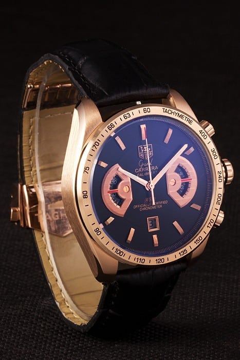 Tag Heuer Carrera Rose Gold Case Black Dial Black Leather Strap