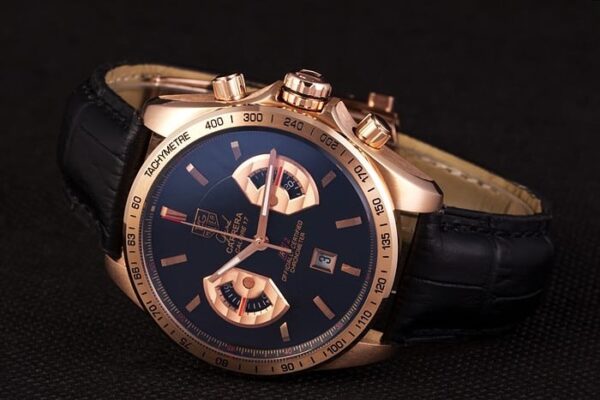 Tag Heuer Carrera Rose Gold Case Black Dial Black Leather Strap