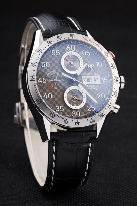 Swiss Tag Heuer Carrera Tachymeter Bezel Black Leather Strap Brown Checkered Dial