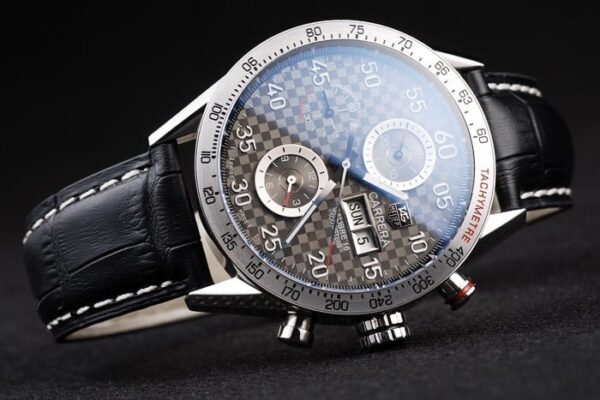 Swiss Tag Heuer Carrera Tachymeter Bezel Black Leather Strap Brown Checkered Dial
