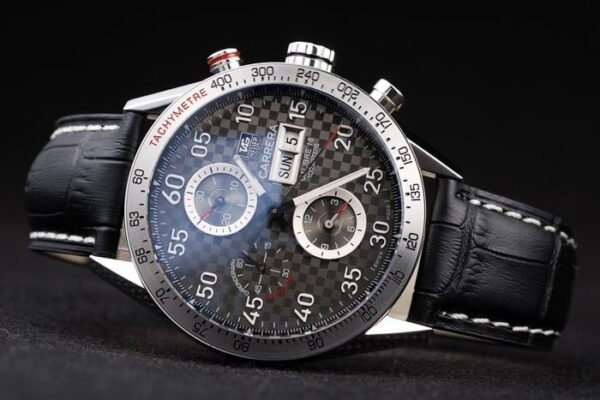 Swiss Tag Heuer Carrera Tachymeter Bezel Black Leather Strap Brown Checkered Dial