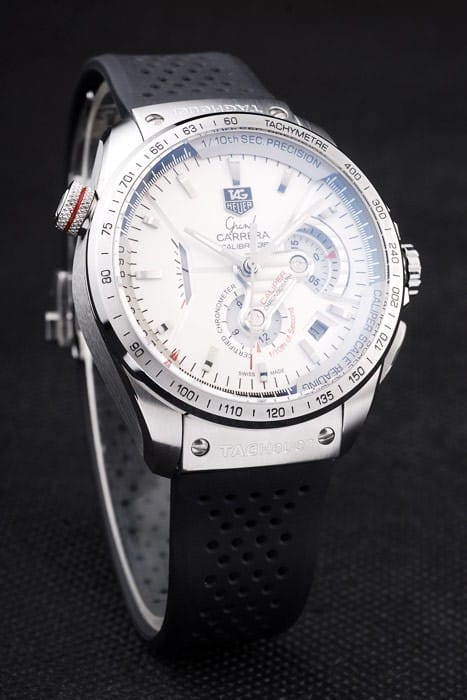 Swiss Tag Heuer Carrera Tachymeter Bezel Black Perforated Rubber Strap White Dial
