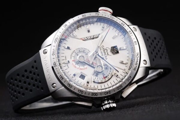 Swiss Tag Heuer Carrera Tachymeter Bezel Black Perforated Rubber Strap White Dial
