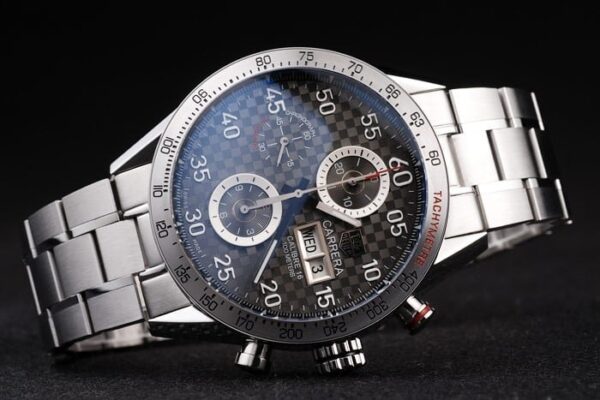 Swiss Tag Heuer Carrera Tachymeter Bezel Stainless Steel Checkered Brown Dial