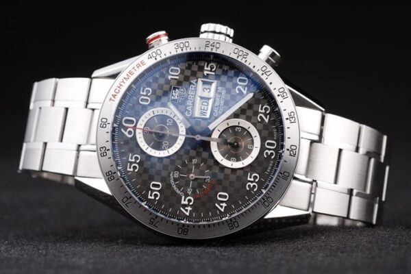 Swiss Tag Heuer Carrera Tachymeter Bezel Stainless Steel Checkered Brown Dial