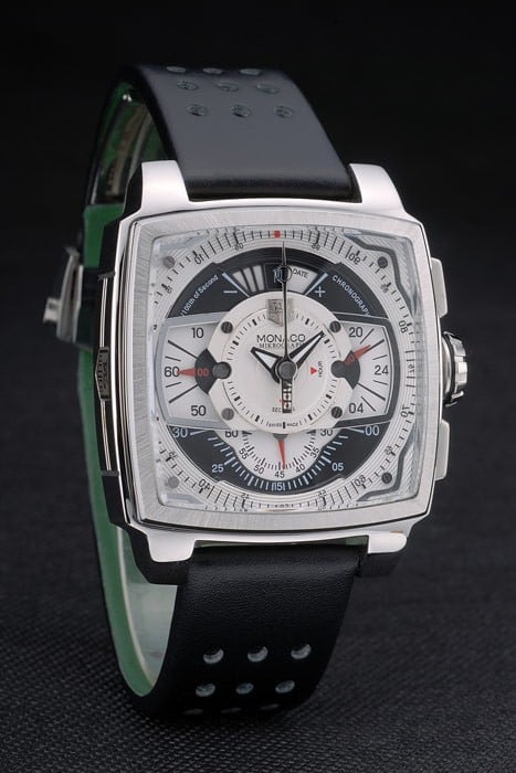 Tag Heuer Monaco Black-Green Perforated Leather Strap White Dial 80306