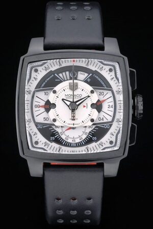 Tag Heuer Monaco Black-Red Perforated Leather Strap White Dial 80307