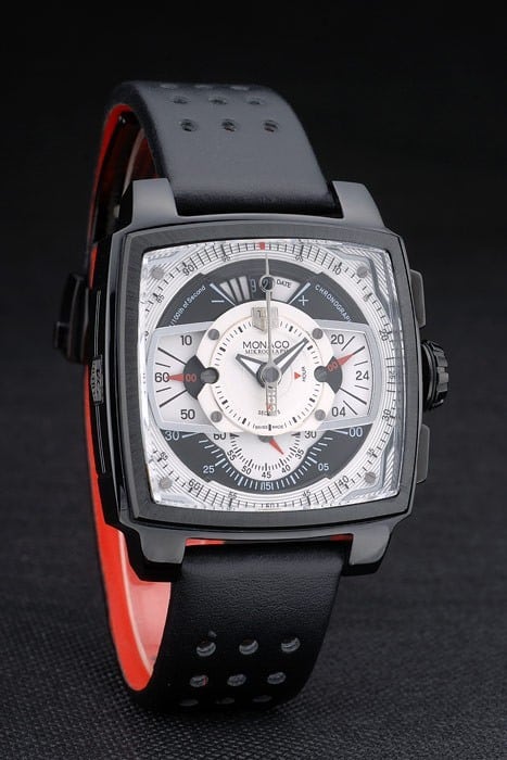 Tag Heuer Monaco Black-Red Perforated Leather Strap White Dial 80307