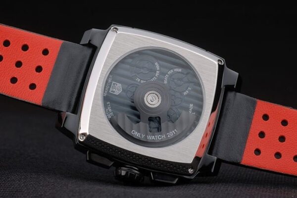 Tag Heuer Monaco Black-Red Perforated Leather Strap White Dial 80307