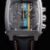 Tag Heuer Monaco Swiss Black Leather Strap Blue-Yellow Striped Black Dial