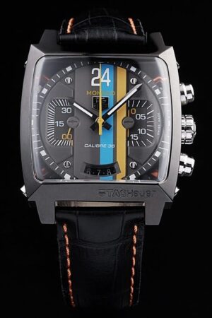 Tag Heuer Monaco Swiss Black Leather Strap Blue-Yellow Striped Black Dial