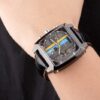 Tag Heuer Monaco Swiss Black Leather Strap Blue-Yellow Striped Black Dial