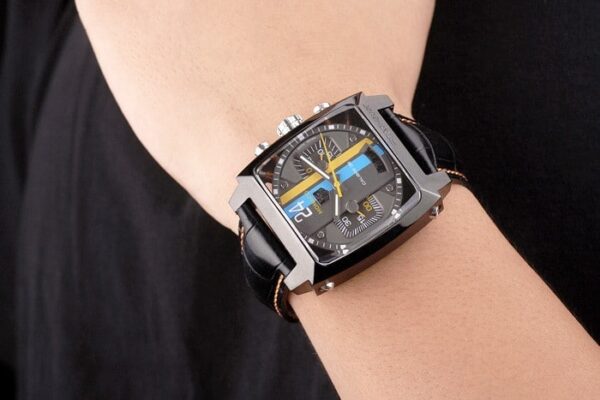Tag Heuer Monaco Swiss Black Leather Strap Blue-Yellow Striped Black Dial