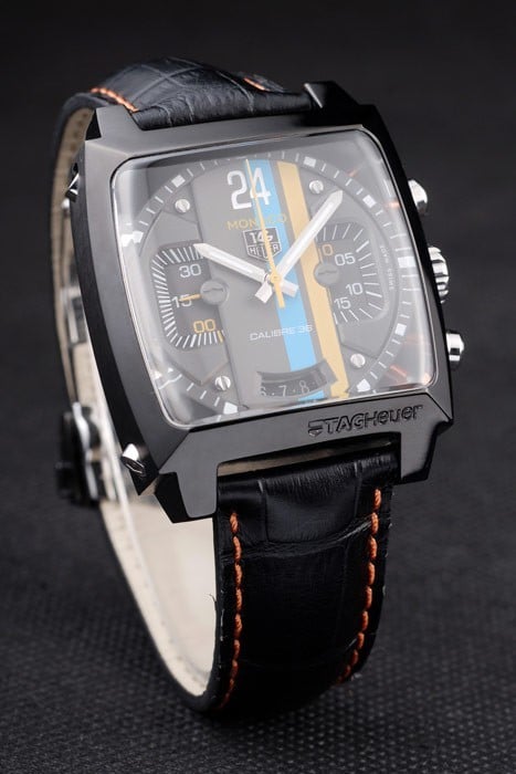 Tag Heuer Monaco Swiss Black Leather Strap Blue-Yellow Striped Black Dial