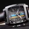 Tag Heuer Monaco Swiss Black Leather Strap Blue-Yellow Striped Black Dial