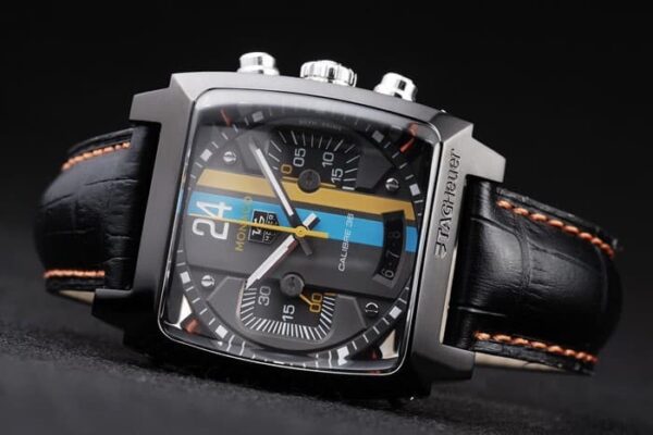 Tag Heuer Monaco Swiss Black Leather Strap Blue-Yellow Striped Black Dial