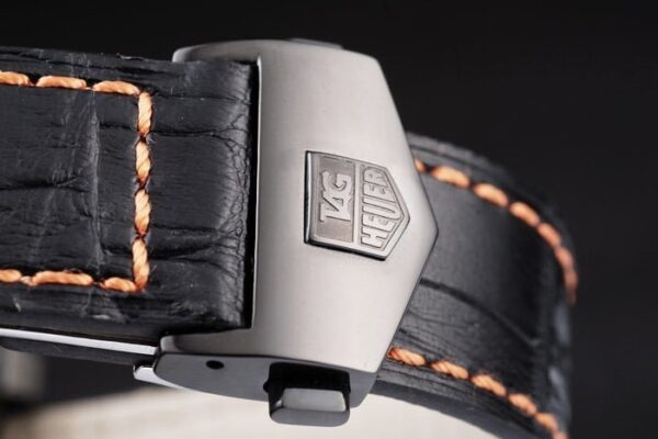 Tag Heuer Monaco Swiss Black Leather Strap Blue-Yellow Striped Black Dial