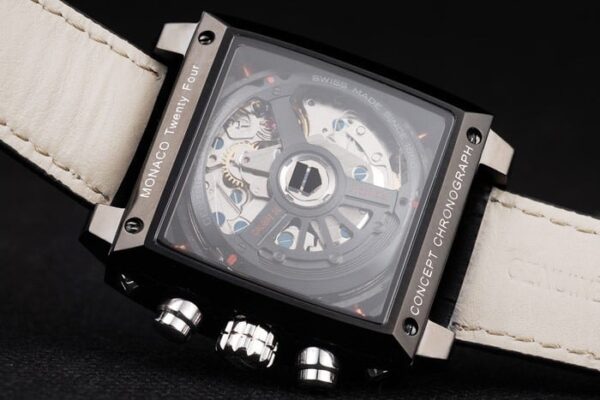 Tag Heuer Monaco Swiss Black Leather Strap Blue-Yellow Striped Black Dial