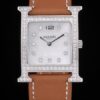 Hermes Heure H Stainless Steel Diamond Encrusted Bezel Tan Leather Strap White Dial 80232