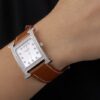 Hermes Heure H Stainless Steel Diamond Encrusted Bezel Tan Leather Strap White Dial 80232
