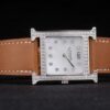 Hermes Heure H Stainless Steel Diamond Encrusted Bezel Tan Leather Strap White Dial 80232