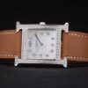 Hermes Heure H Stainless Steel Diamond Encrusted Bezel Tan Leather Strap White Dial 80232
