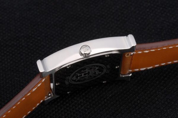 Hermes Heure H Stainless Steel Diamond Encrusted Bezel Tan Leather Strap White Dial 80232