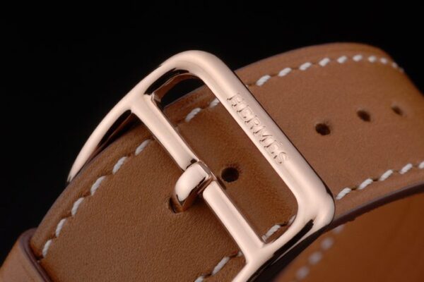 Hermes Heure H Rose Gold Bezel Diamond Encrusted Tan Leather Strap White Dial 80236
