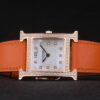 Hermes Heure H Rose Gold Diamond Encrusted Bezel Orange Leather Strap White Dial 80237
