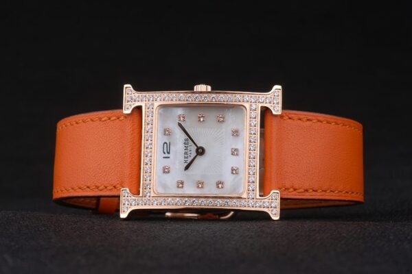 Hermes Heure H Rose Gold Diamond Encrusted Bezel Orange Leather Strap White Dial 80237